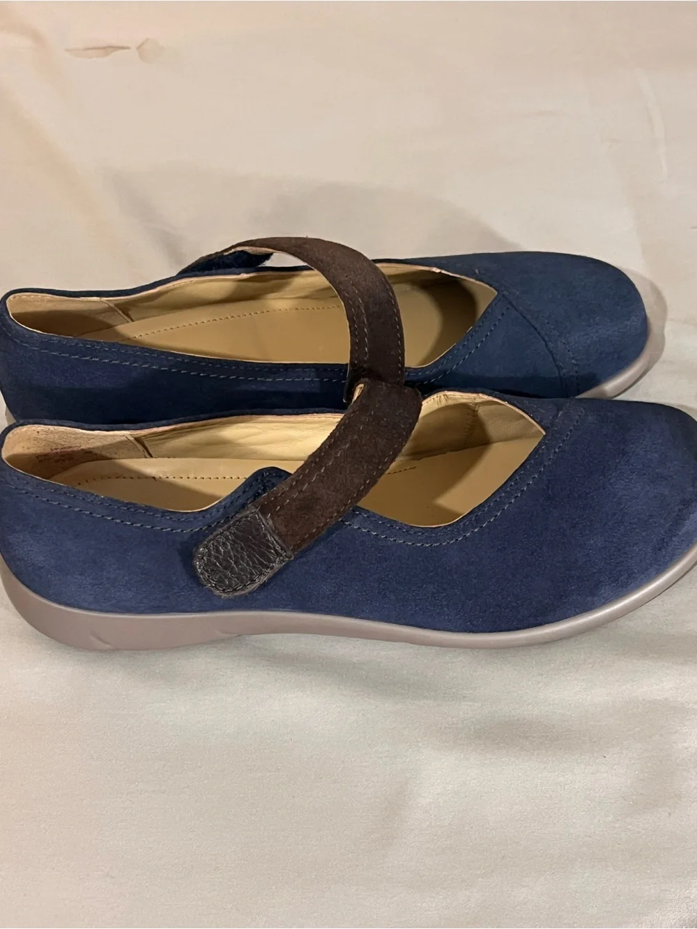 Hotter Women's Navy Suede Mary Jane Flats with Brown Strap